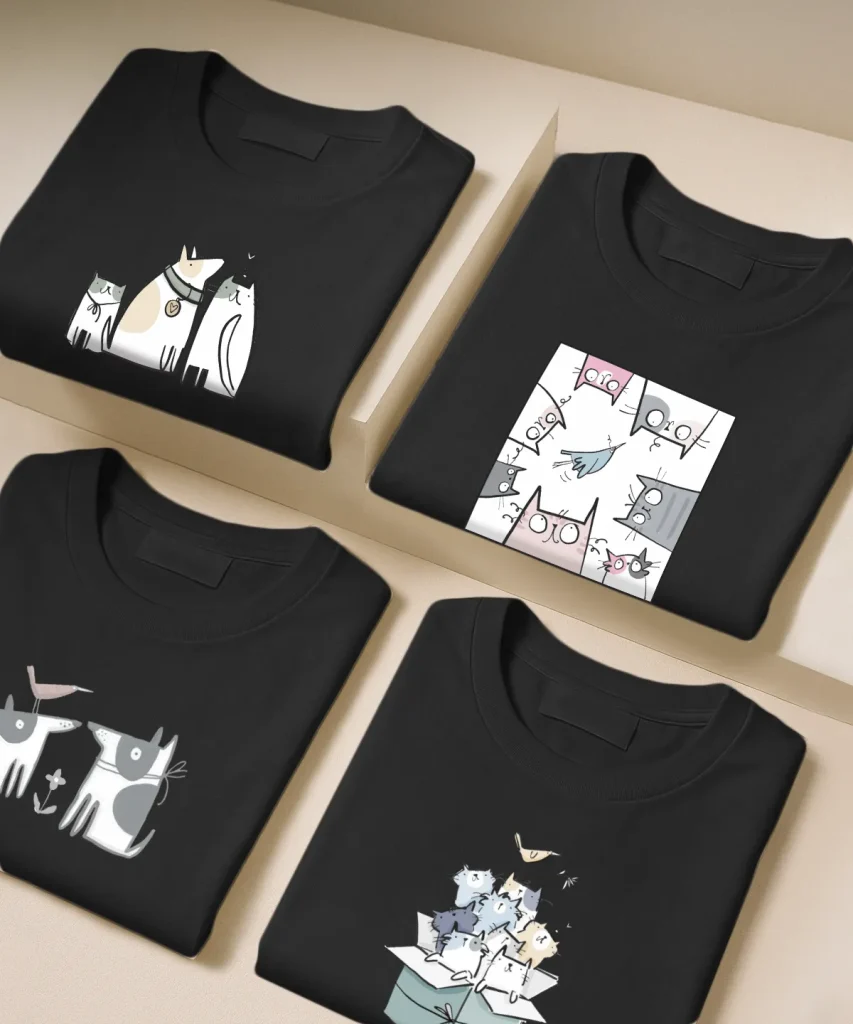 تیشرت مشکی نخ پنبه طرح سگ و گربه