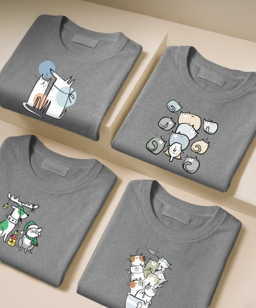 تیشرت طوسی نخ پنبه طرح سگ و گربه