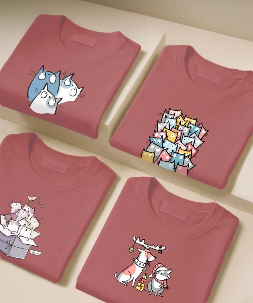 تیشرت صورتی نخ پنبه طرح سگ و گربه