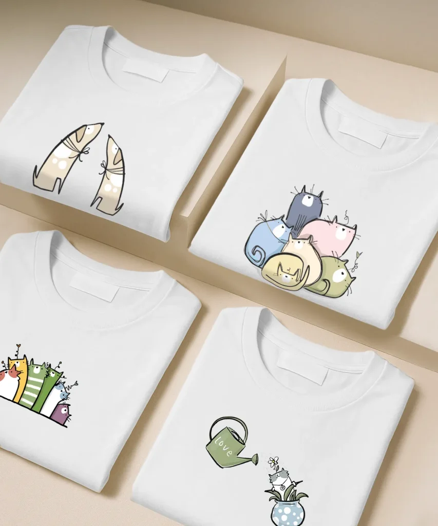 تیشرت سفید نخ پنبه طرح سگ و گربه