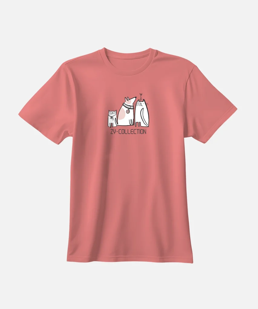 تیشرت صورتی نخ پنبه طرح سگ و گربه