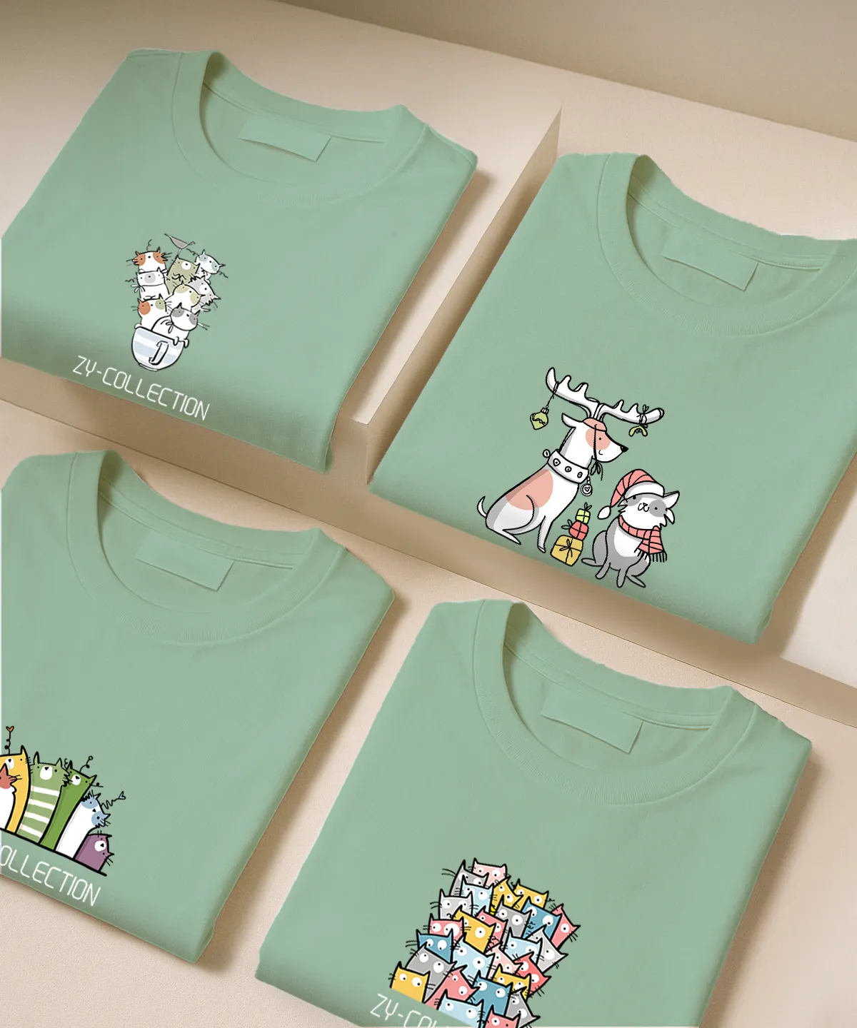 GreenBlue T-Shirt Mockup - Cats & Dogs تیشرت سبز آبی نخ پنبه طرح سگ و گربه