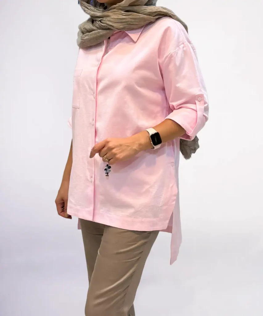 شومیز صورتی لینن آستین بلند مدل ناریا